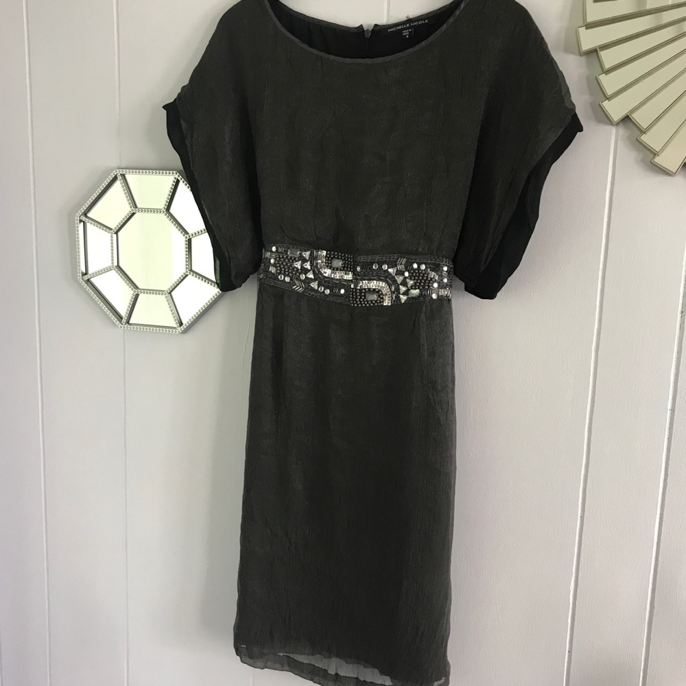 Michelle Nicole Silk Embellished Gray Dress Sz S